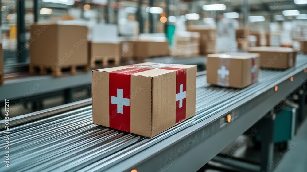Healthcare supply chain concept, medical box on conveyor belt in warehouse Healthcare supply chain concept, medical box on conveyor belt in warehouse