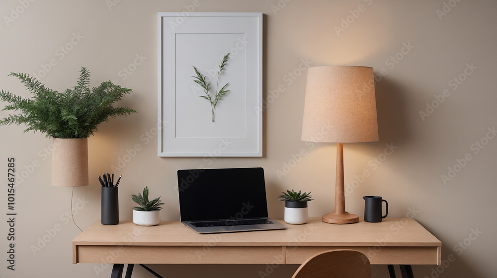 Fototapeta premium A study or a small office room interior design with decoratives, accessories and poster frame mock-up on the wall 3d illustration.