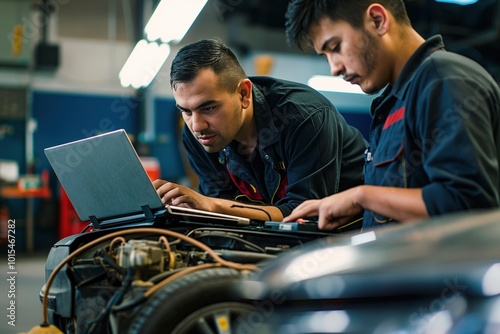 Two mechanics in noisy garage work together on car diagnostic. One mechanic uses laptop, examining engine parts, colleague checks electronic data. Teamwork in auto repair shop, cooperation in garage.