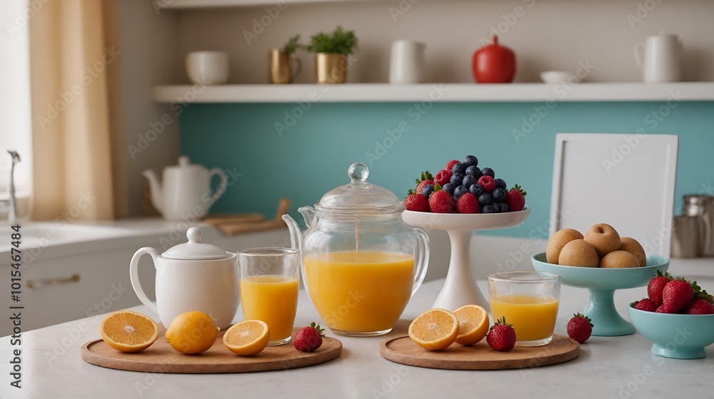 A kitchen counter closeup interior design with fruits, juices, decoratives, accessories and poster frame mock-up on the wall 3d illustration. A kitchen counter closeup interior design with fruits, juices, decoratives, accessories and poster frame mock-up on the wall 3d illustration.