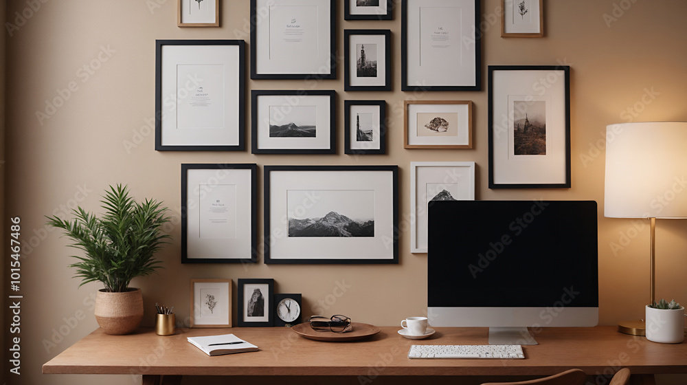 A study or a small office room interior design with decoratives, accessories and poster frame mock-up on the wall 3d illustration. A study or a small office room interior design with decoratives, accessories and poster frame mock-up on the wall 3d illustration.