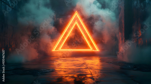 Neon Triangle Glowing in Foggy Room 3D Illustration