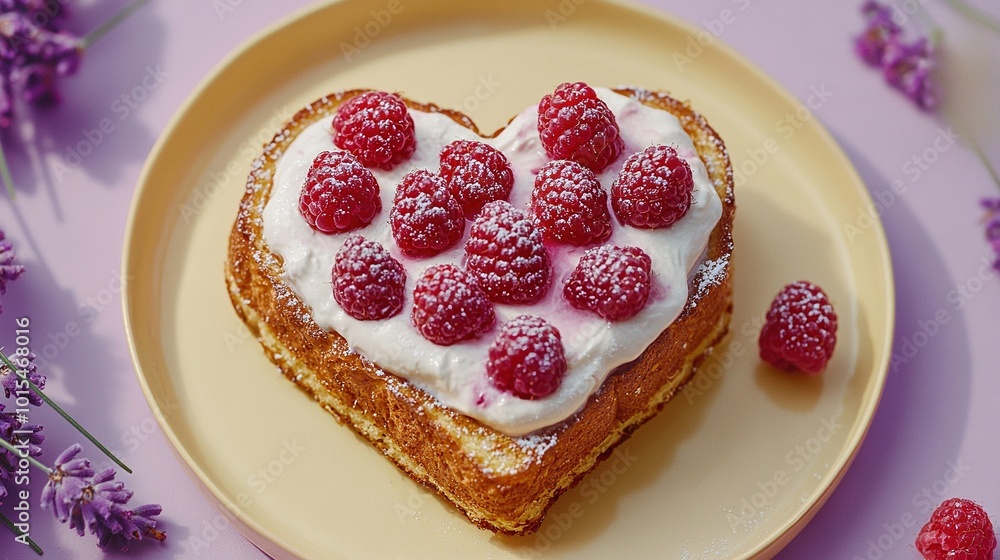 Heart-shaped bread topped with whipped cream and raspberries on a plate next to purple flowers Heart-shaped bread topped with whipped cream and raspberries on a plate next to purple flowers