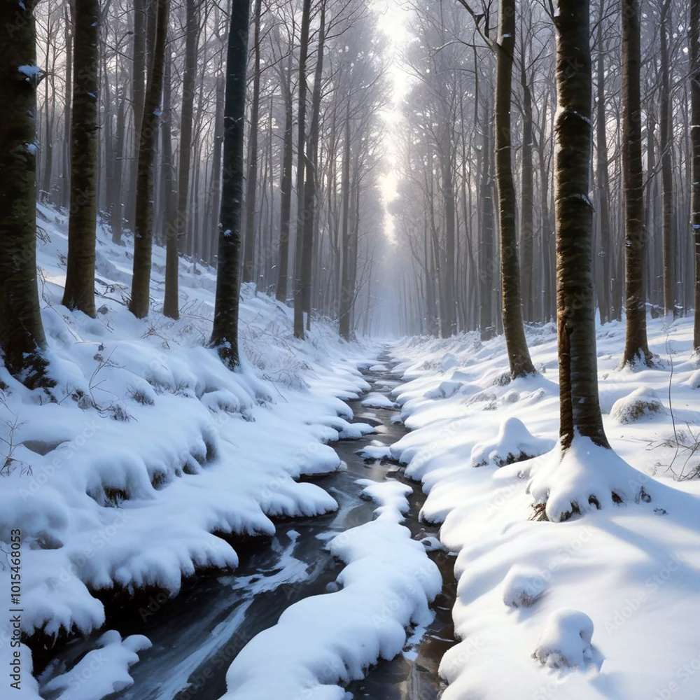 Realistic illustration of winter forest with snowy path in middle. Realistic illustration of winter forest with snowy path in middle.