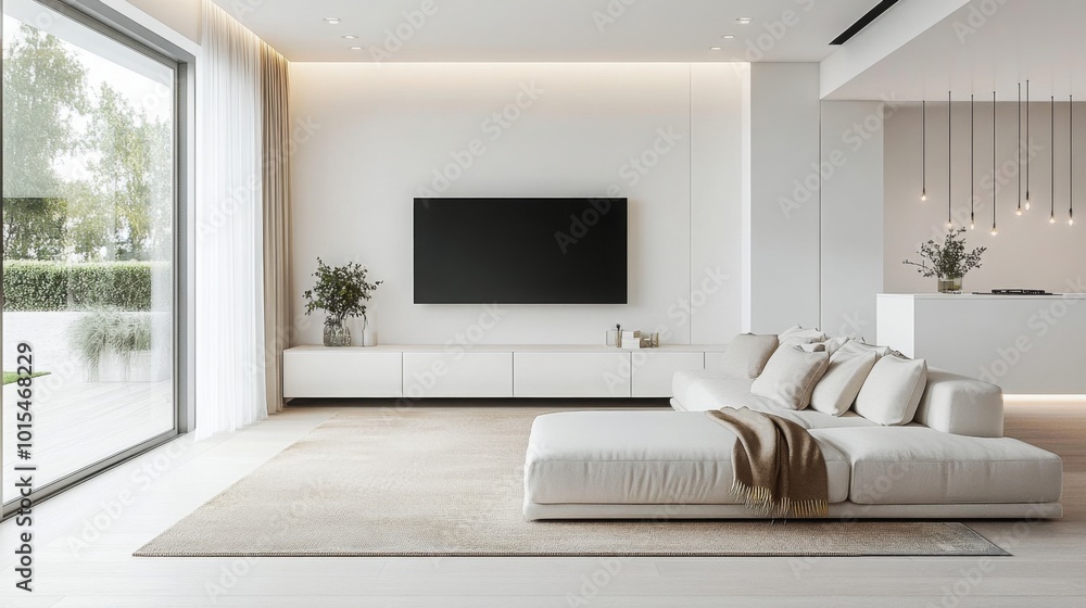 A bright and airy living room features a cozy white sofa and a minimalistic entertainment unit against a neutral wall. Large windows allow natural light to fill the space, enhancing the modern decor. A bright and airy living room features a cozy white sofa and a minimalistic entertainment unit against a neutral wall. Large windows allow natural light to fill the space, enhancing the modern decor.