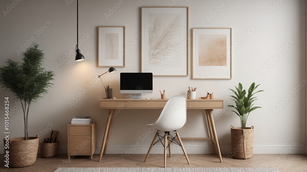 Fototapeta premium A study or a small office room interior design with decoratives, accessories and poster frame mock-up on the wall 3d illustration.