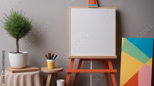 A study or a small artroom interior design with decoratives, accessories and poster frame mock-up on the wall 3d illustration.