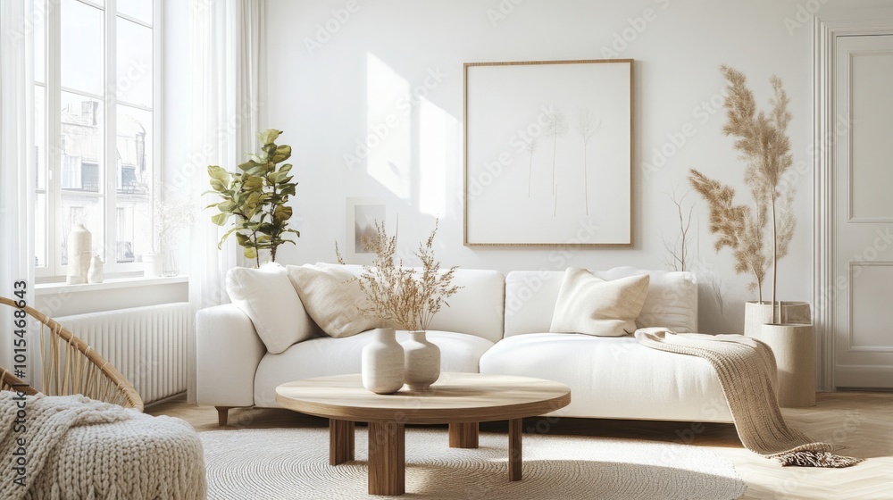 A white living room with a white sectional sofa, a wooden coffee table, and a large window. Sunlight streams through the window, illuminating the room A white living room with a white sectional sofa, a wooden coffee table, and a large window. Sunlight streams through the window, illuminating the room