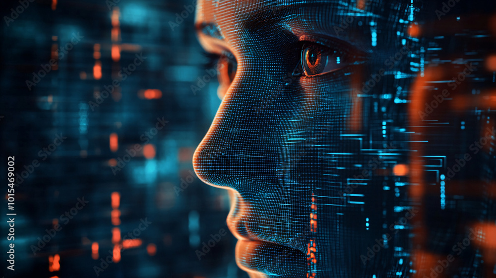 Digital Human Face with Cybernetic Eye Close Up Digital Human Face with Cybernetic Eye Close Up