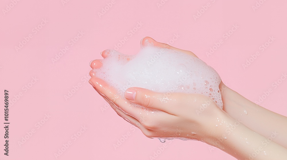 Fototapeta premium Close-up of hands holding white soapy foam with water dripping from the hand over pink background.