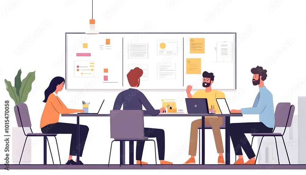 Four colleagues collaborate around a table in an office setting Four colleagues collaborate around a table in an office setting
