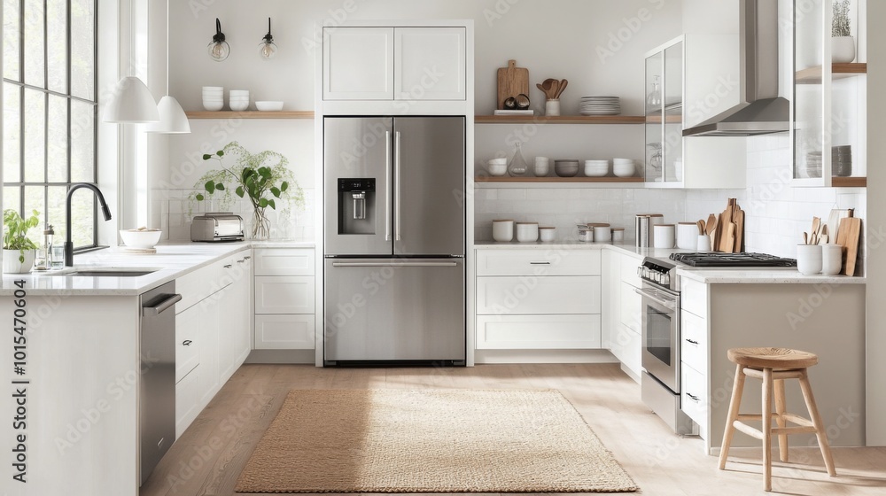 Fototapeta premium A modern kitchen with white cabinetry, stainless steel appliances, a sink, a stove, a dishwasher, and an island with a stool. The floor is light wood with a rug.
