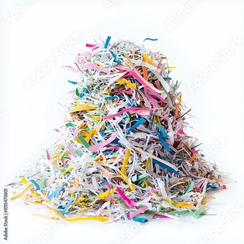 Pile of colorful shredded paper on white background.