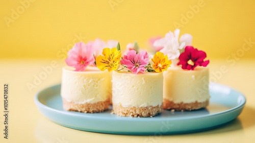  Blue plate, cake, frosting, pink & yellow flowers