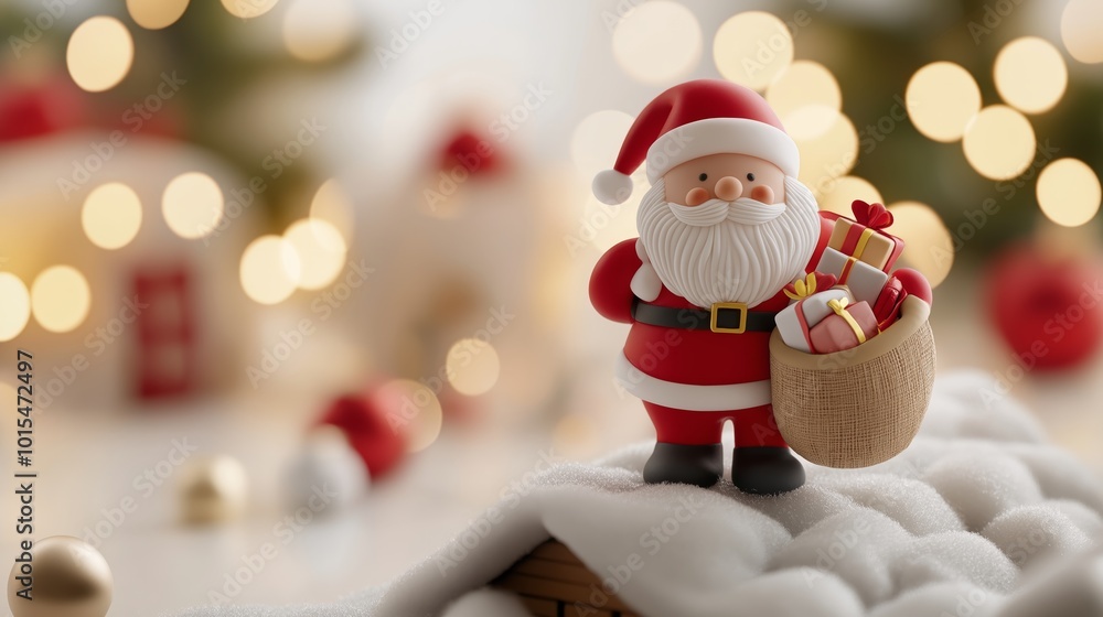 A cheerful toy Santa stands on the snowy roof, holding a gift sack, surrounded by a joyful Christmas backdrop filled with decorations and soft lights. A cheerful toy Santa stands on the snowy roof, holding a gift sack, surrounded by a joyful Christmas backdrop filled with decorations and soft lights.