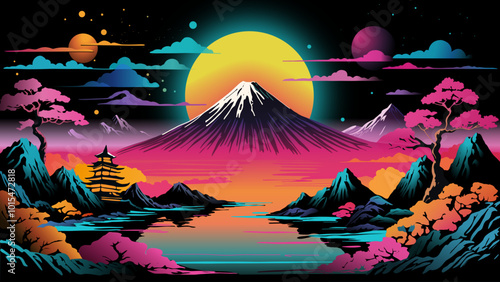 neon landscape with moon and stars