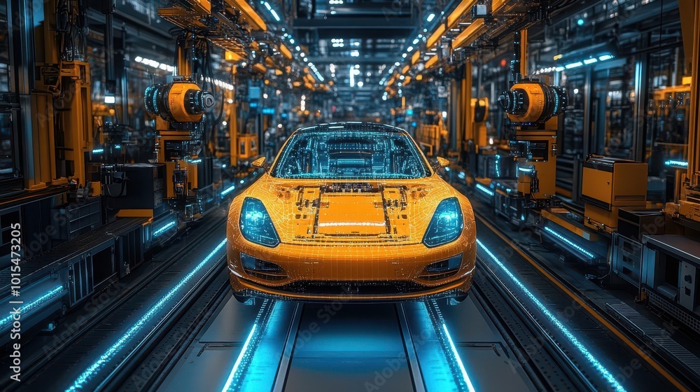 concept of digitalization in an advanced car factory showcasing automated robotic arms at work assembling hightech electric vehicles integrated with ai for optimized production concept of digitalization in an advanced car factory showcasing automated robotic arms at work assembling hightech electric vehicles integrated with ai for optimized production