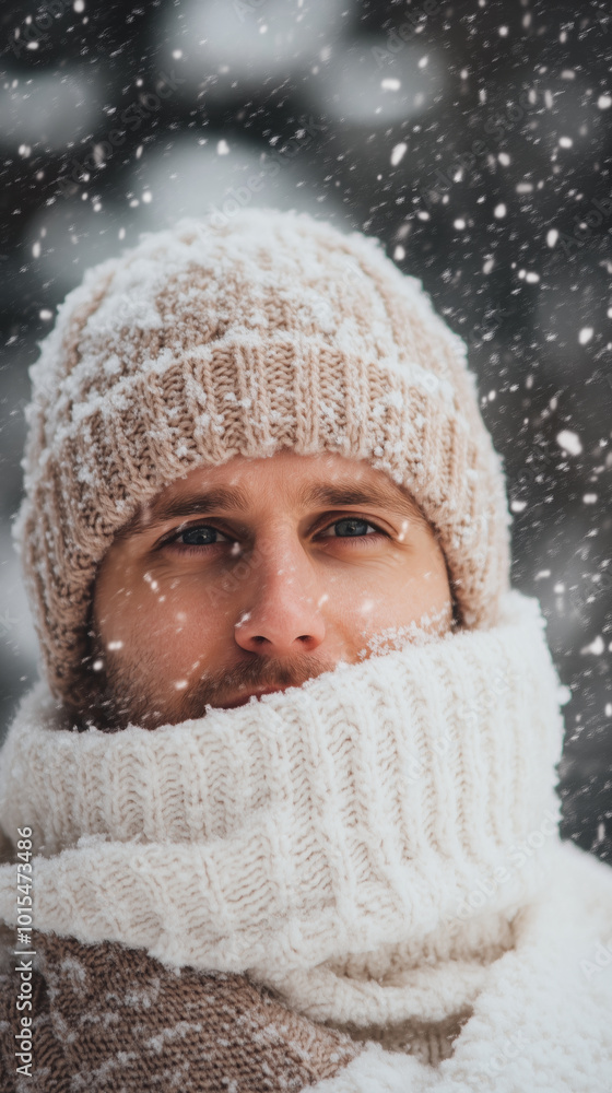 A man in a white sweater, a winter knitted hat and a scarf stands under the falling snow. Snowfall. Winter. A person freezes in cold weather A man in a white sweater, a winter knitted hat and a scarf stands under the falling snow. Snowfall. Winter. A person freezes in cold weather