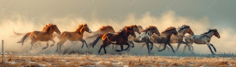 Naklejka premium A herd of wild horses galloping across the plains, dynamic and energetic, Nature, Soft tones, Photograph, Natural freedom