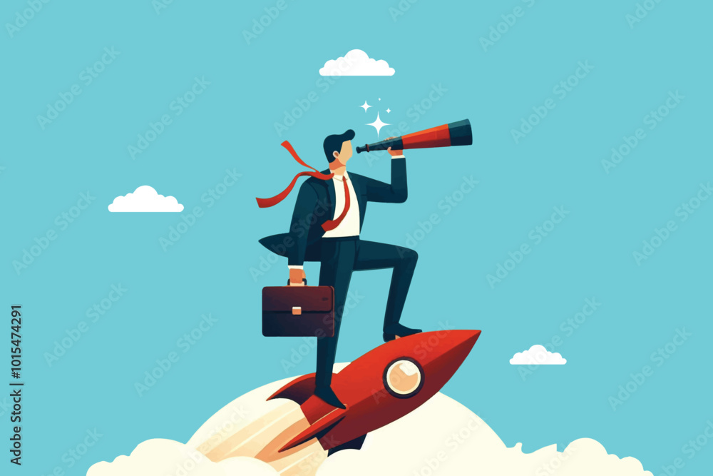 Smart businessman standing riding a rocket while holding a telescope looking at the future Smart businessman standing riding a rocket while holding a telescope looking at the future