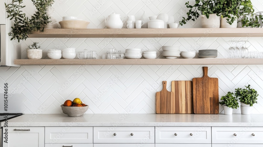 A kitchen with white cabinets and a herringbone tile backsplash. Two wooden shelves are installed on the wall. On the shelves are various dishes, glasses, and plants A kitchen with white cabinets and a herringbone tile backsplash. Two wooden shelves are installed on the wall. On the shelves are various dishes, glasses, and plants