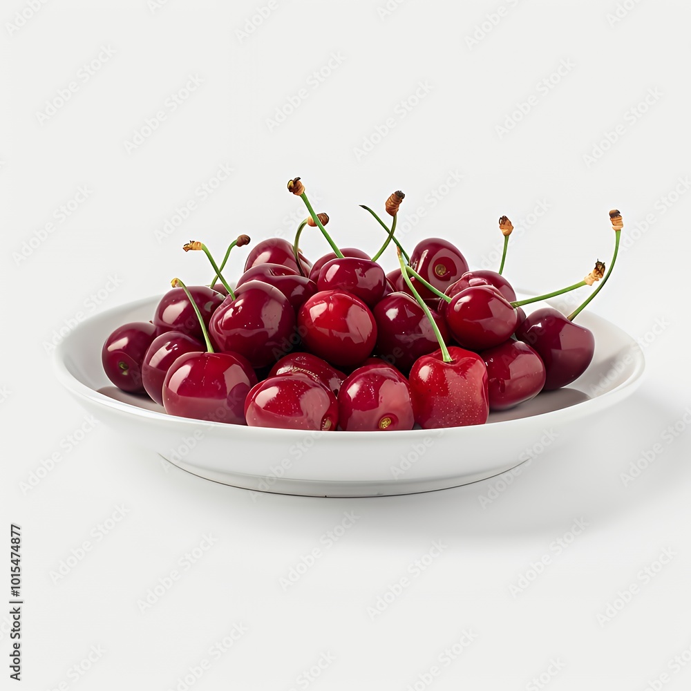 A white bowl filled with fresh red cherries with green stems, shot from above on a white background. A white bowl filled with fresh red cherries with green stems, shot from above on a white background.