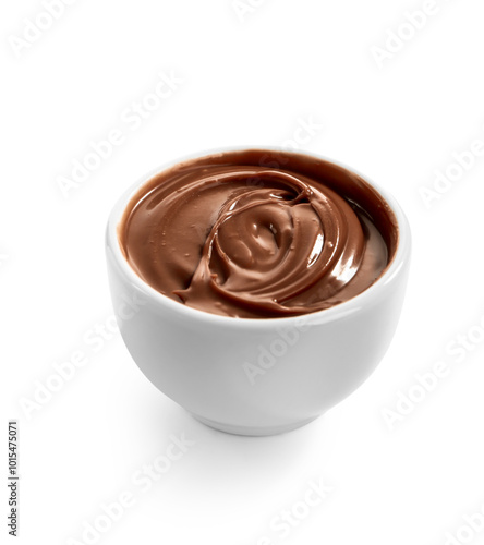 Bowl of sweet melted chocolate on white background