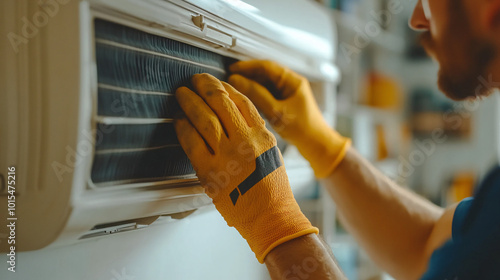 Technician performing air conditioner maintenance by cleaning the filter.