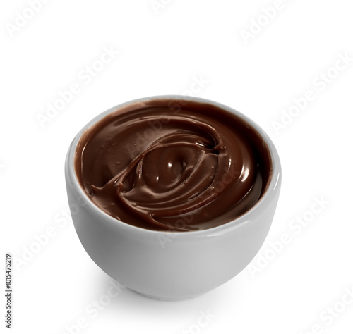 Bowl of sweet melted chocolate on white background