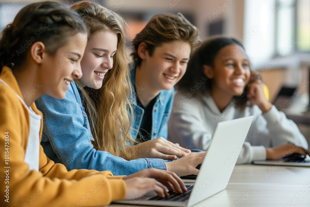 Group of teenage students collaborate on laptop during computer class. Students sit around table with laptops open, focused on project. Casual attire, colorful clothing, gray background. Group of teenage students collaborate on laptop during computer class. Students sit around table with laptops open, focused on project. Casual attire, colorful clothing, gray background.