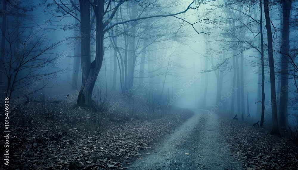 Obraz premium Foggy forest path leading into the unknown, mysterious and intriguing, Nature, Cool tones, Photograph, Enigmatic journey