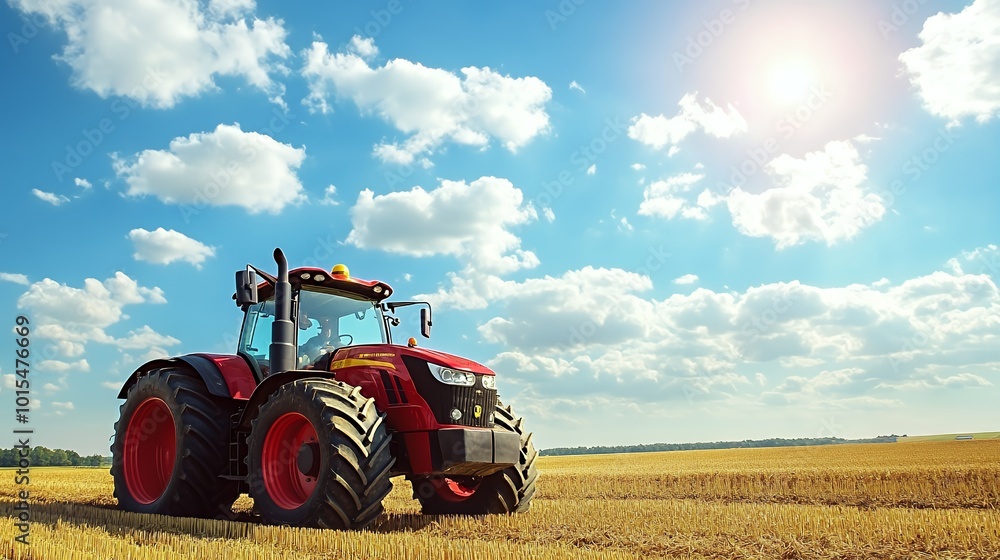 Fototapeta premium Red tractor in a field of wheat stubble, with a blue sky and white clouds overhead.