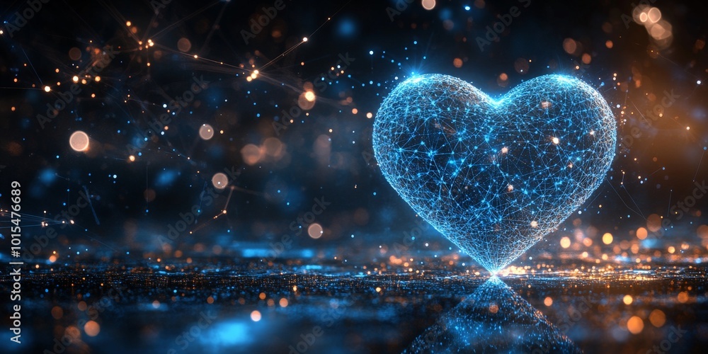 Glowing futuristic heart in digital space with particles and blue light Glowing futuristic heart in digital space with particles and blue light