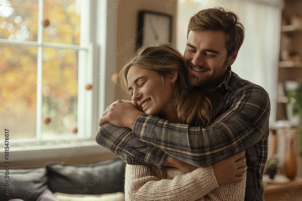 Man and woman hugging in a home setting. Autumn day with natural light through window. Warm, intimate moment between couple. Man in black, gray plaid shirt, woman in beige sweater. Man and woman hugging in a home setting. Autumn day with natural light through window. Warm, intimate moment between couple. Man in black, gray plaid shirt, woman in beige sweater.