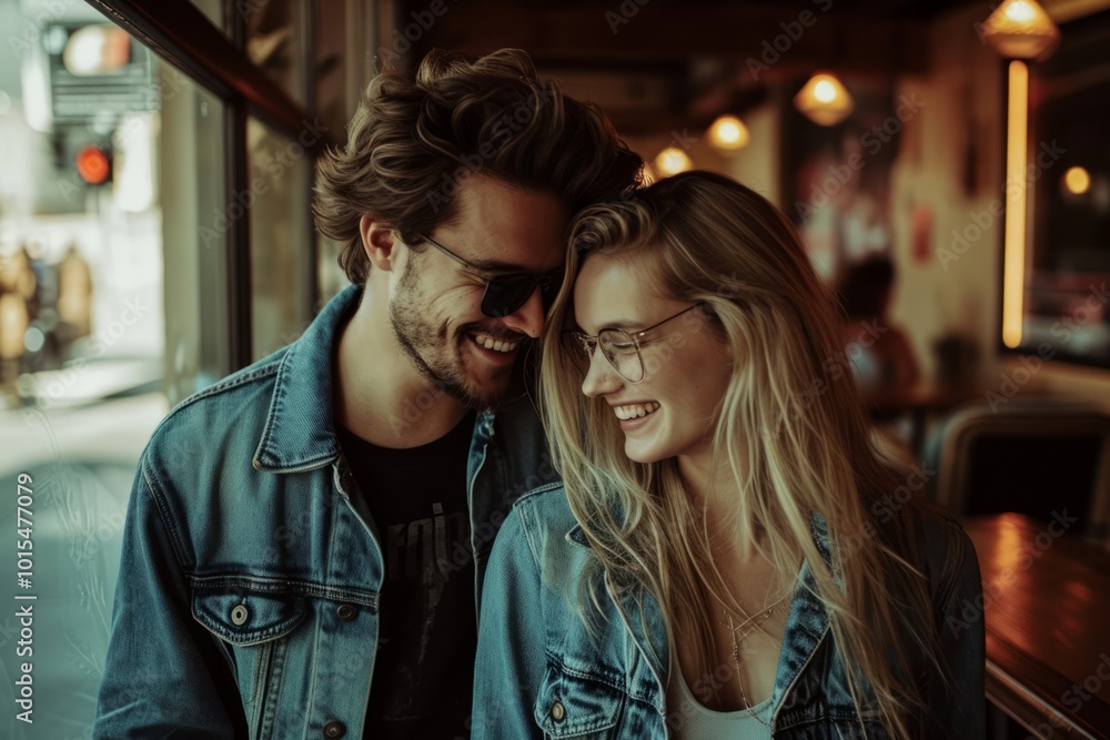 Beautiful young couple is hugging and smiling while spending time together in cafe Beautiful young couple is hugging and smiling while spending time together in cafe