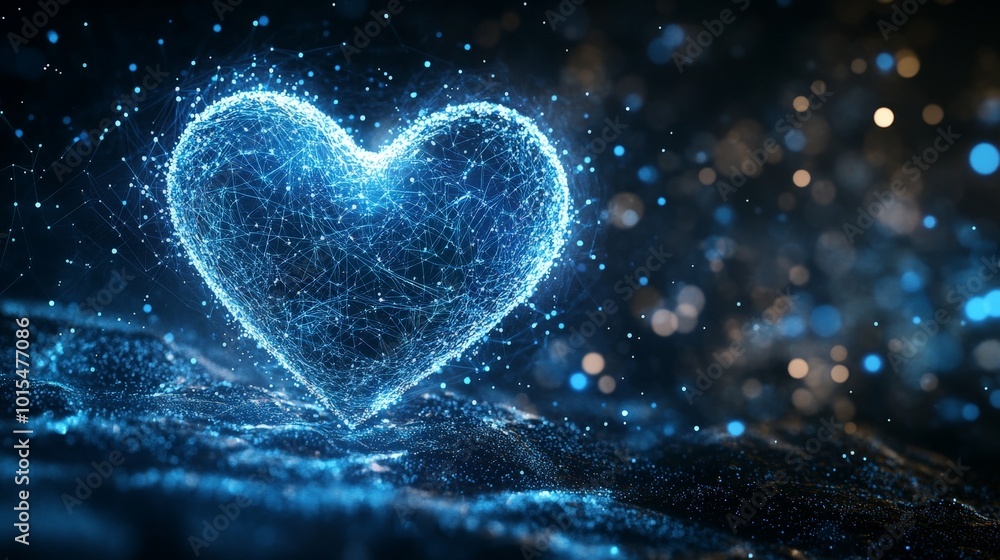Glowing futuristic heart in digital space with particles and blue light Glowing futuristic heart in digital space with particles and blue light