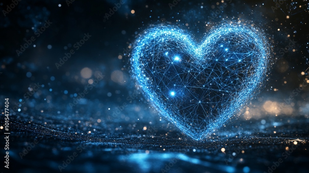 Glowing futuristic heart in digital space with particles and blue light Glowing futuristic heart in digital space with particles and blue light