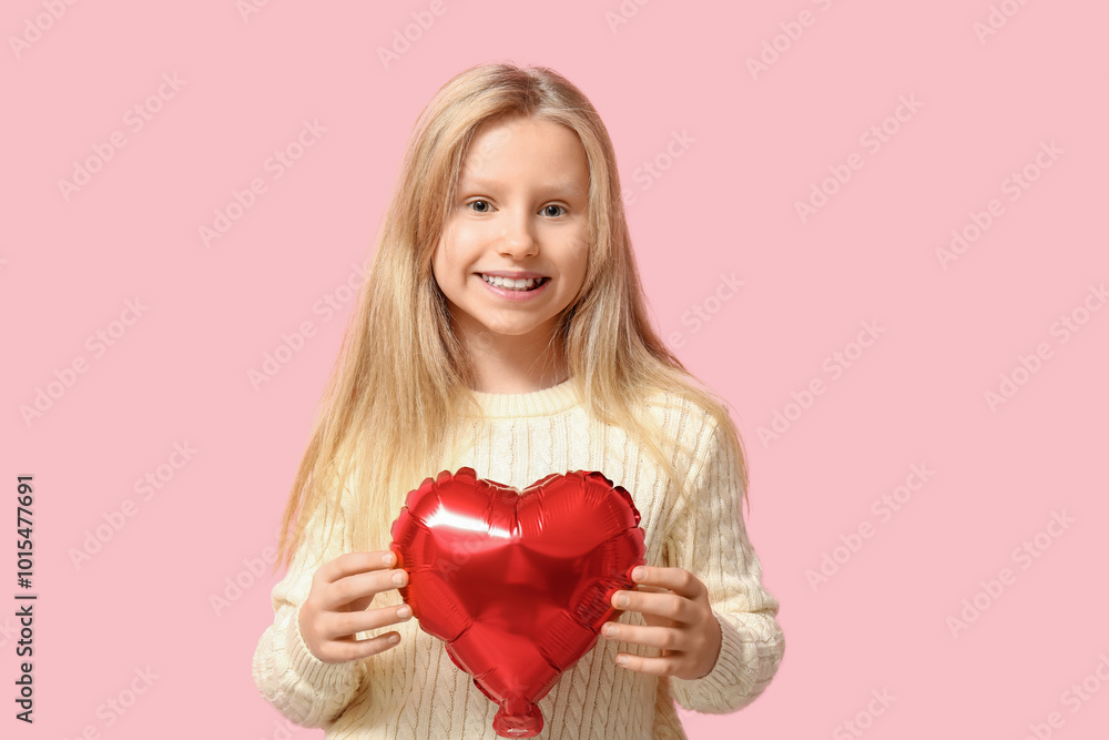 Cute little girl with heart shaped air balloon on pink background. Valentine's day celebration Cute little girl with heart shaped air balloon on pink background. Valentine's day celebration
