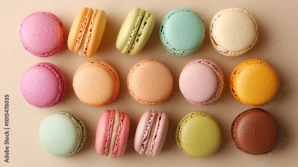 A group of macaroons sitting together on a pink surface, with one macaroon in the center and the others on top A group of macaroons sitting together on a pink surface, with one macaroon in the center and the others on top
