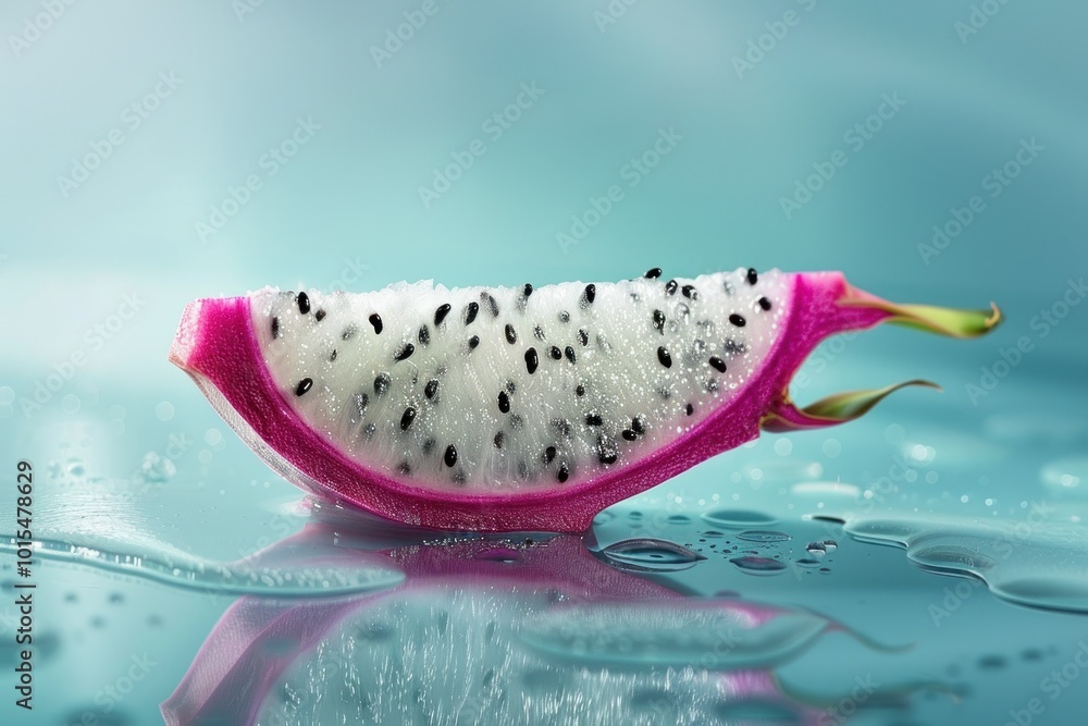 Vibrant Dragon Fruit Slice Reflected on Wet Surface, Highlighting Tropical Freshness and Texture, Healthy Eating Concept Vibrant Dragon Fruit Slice Reflected on Wet Surface, Highlighting Tropical Freshness and Texture, Healthy Eating Concept