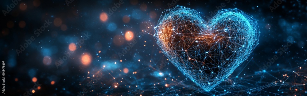 Glowing futuristic heart in digital space with particles and blue light Glowing futuristic heart in digital space with particles and blue light