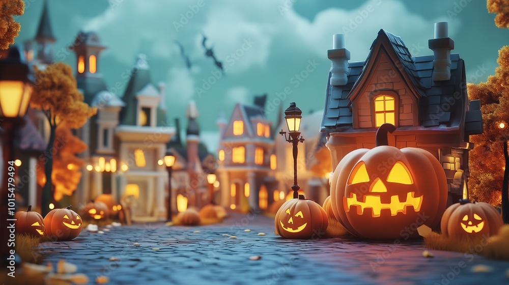 Obraz premium A spooky Halloween street scene with carved pumpkins, a gothic house, and streetlights.