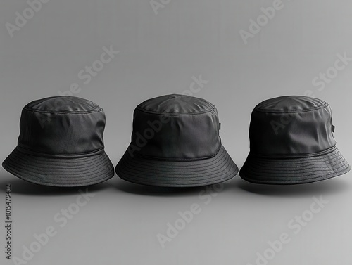 black bucket hat mockup displayed from different angles, emphasizing fashion versatility and style in an urban setting with a modern aesthetic