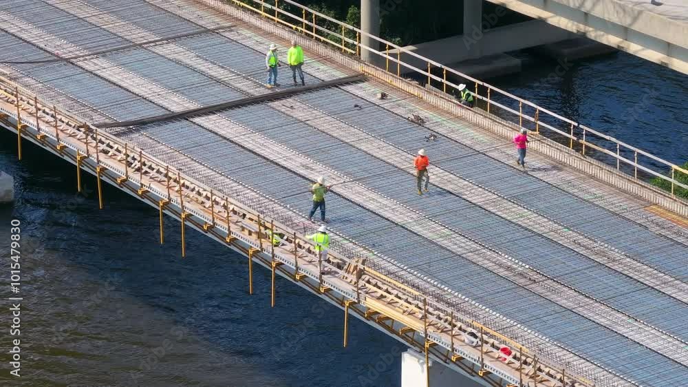 Workers at roadworks construction site on highway bridge. Expanding infrastructure for cars driving across the Trooper J D Young Memorial Bridge crossing the Manatee River in Ellenton, Florida. Workers at roadworks construction site on highway bridge. Expanding infrastructure for cars driving across the Trooper J D Young Memorial Bridge crossing the Manatee River in Ellenton, Florida.