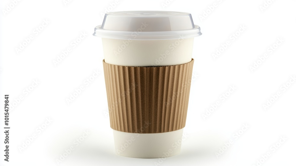 Close-up of disposable paper cup with brown sleeve and plastic lid for hot beverages showcasing convenience and eco-friendly takeout options for coffee lovers Close-up of disposable paper cup with brown sleeve and plastic lid for hot beverages showcasing convenience and eco-friendly takeout options for coffee lovers