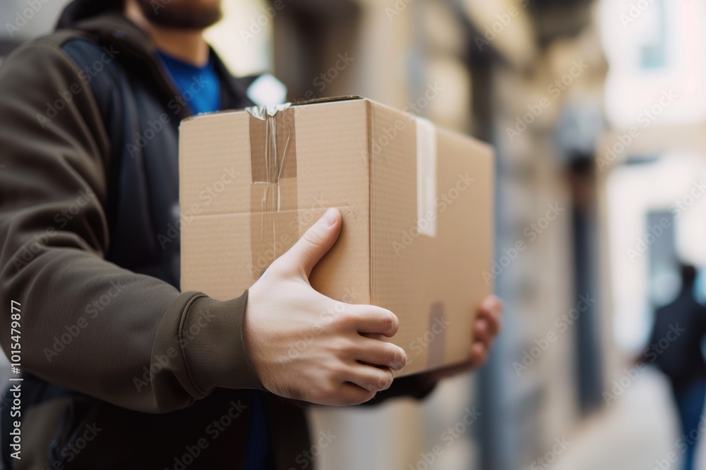 Person holding brown cardboard box with white label. Adult male wearing blue shirt. Standing in front of gray building. Focus on human hand, cardboard box, and delivery person. Person holding brown cardboard box with white label. Adult male wearing blue shirt. Standing in front of gray building. Focus on human hand, cardboard box, and delivery person.