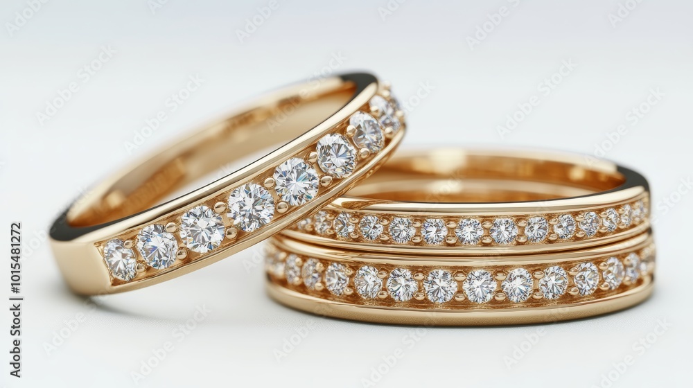 Elegant gold rings adorned with sparkling diamonds on a pristine white backdrop symbolizing love and luxury in timeless fashion jewelry for special moments Elegant gold rings adorned with sparkling diamonds on a pristine white backdrop symbolizing love and luxury in timeless fashion jewelry for special moments