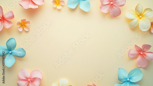  A cluster of pink and blue blossoms on a pale yellow backdrop, featuring a space for text centrally