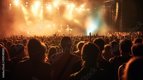 Crowded concert venue with stage bathed in warm yellow. Large screen, speakers flanked stage. Audience engaged in performance, attention riveted on stage. Low angle shot emphasizes stage height,