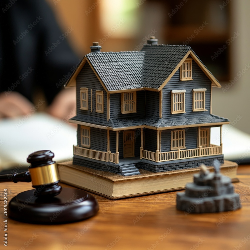 Miniature white house with court gavel, real estate legal representation concept Miniature white house with court gavel, real estate legal representation concept